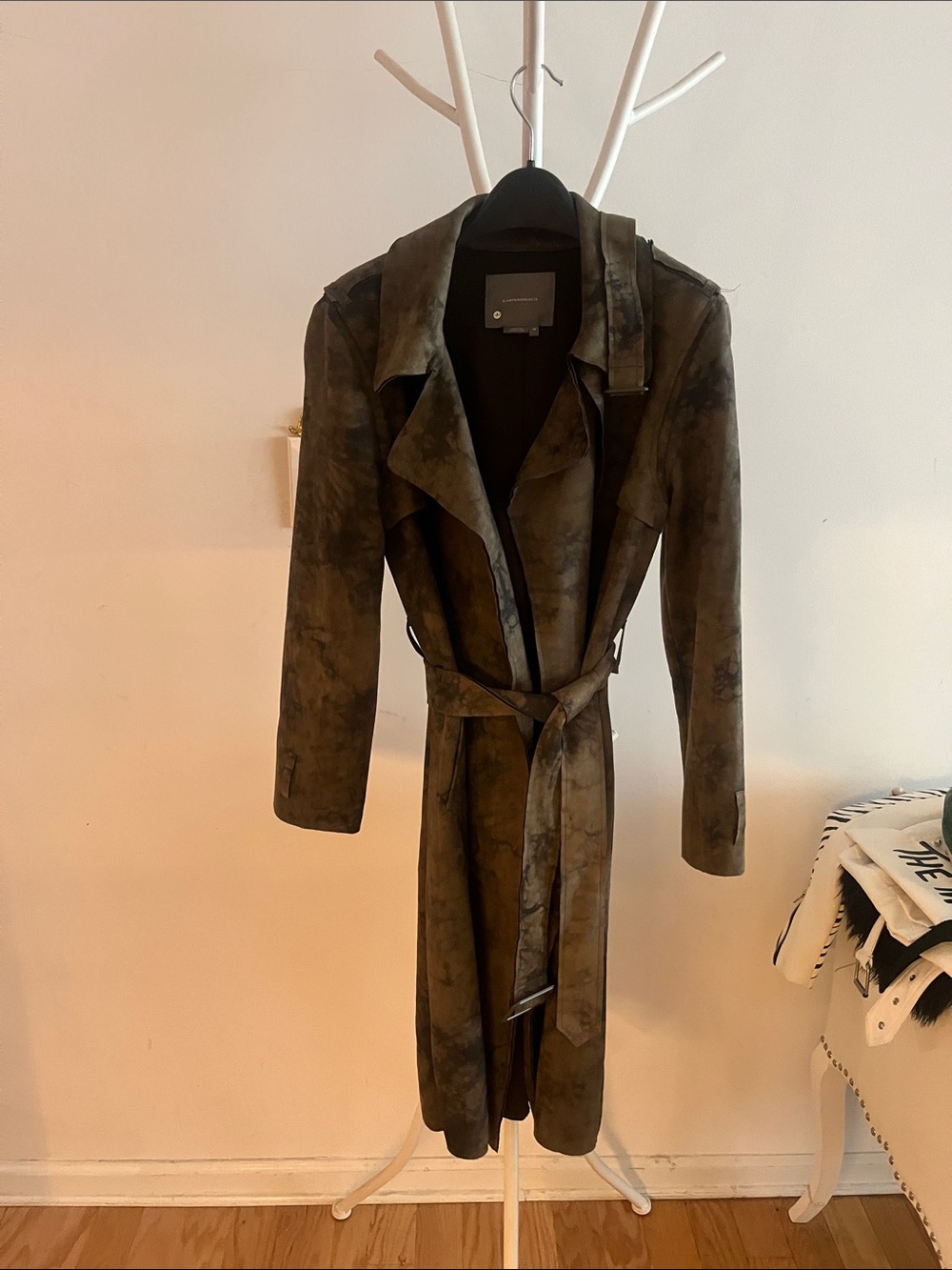 Anthropologie Olive-Mottled Tie-Dye Trench Coat